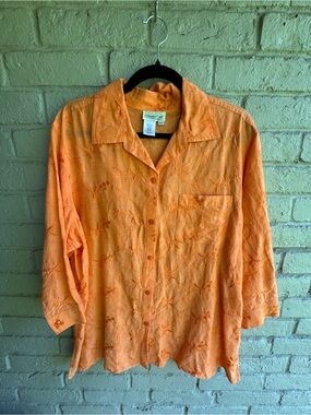 Coldwater Creek Apricot Orange Embroidered Button-Down Blouse